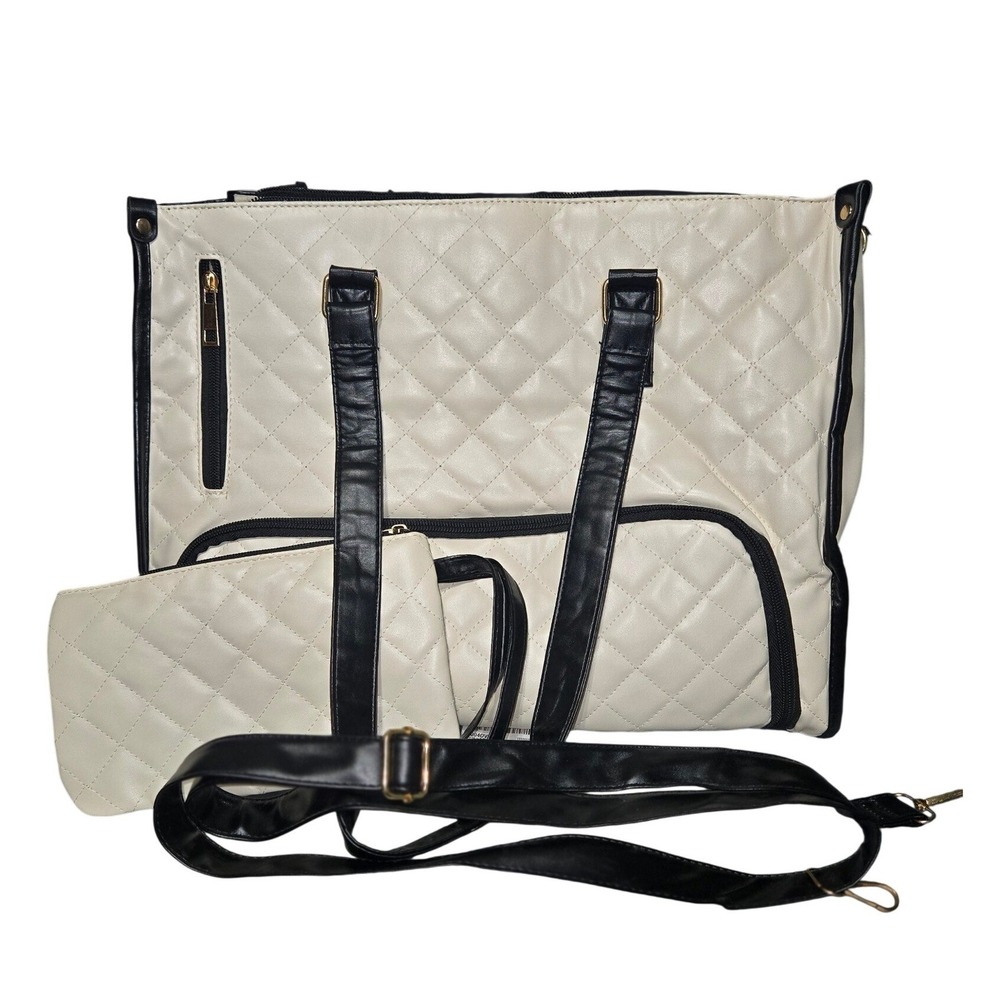 Quilted Laptop Work Tote with Built-In Insulated Lunch Bag Cream Black 2-in-1